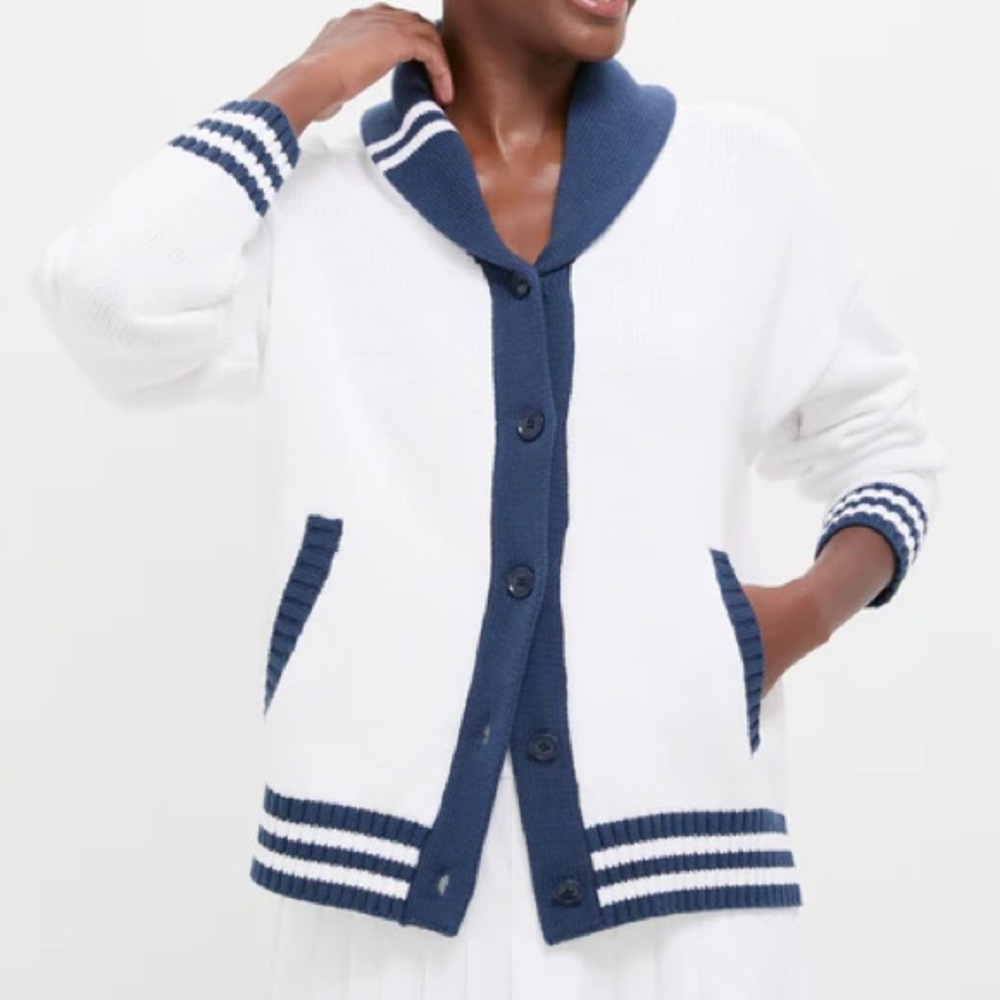 Tuckernuck White and Navy Varsity Freya Cardigan